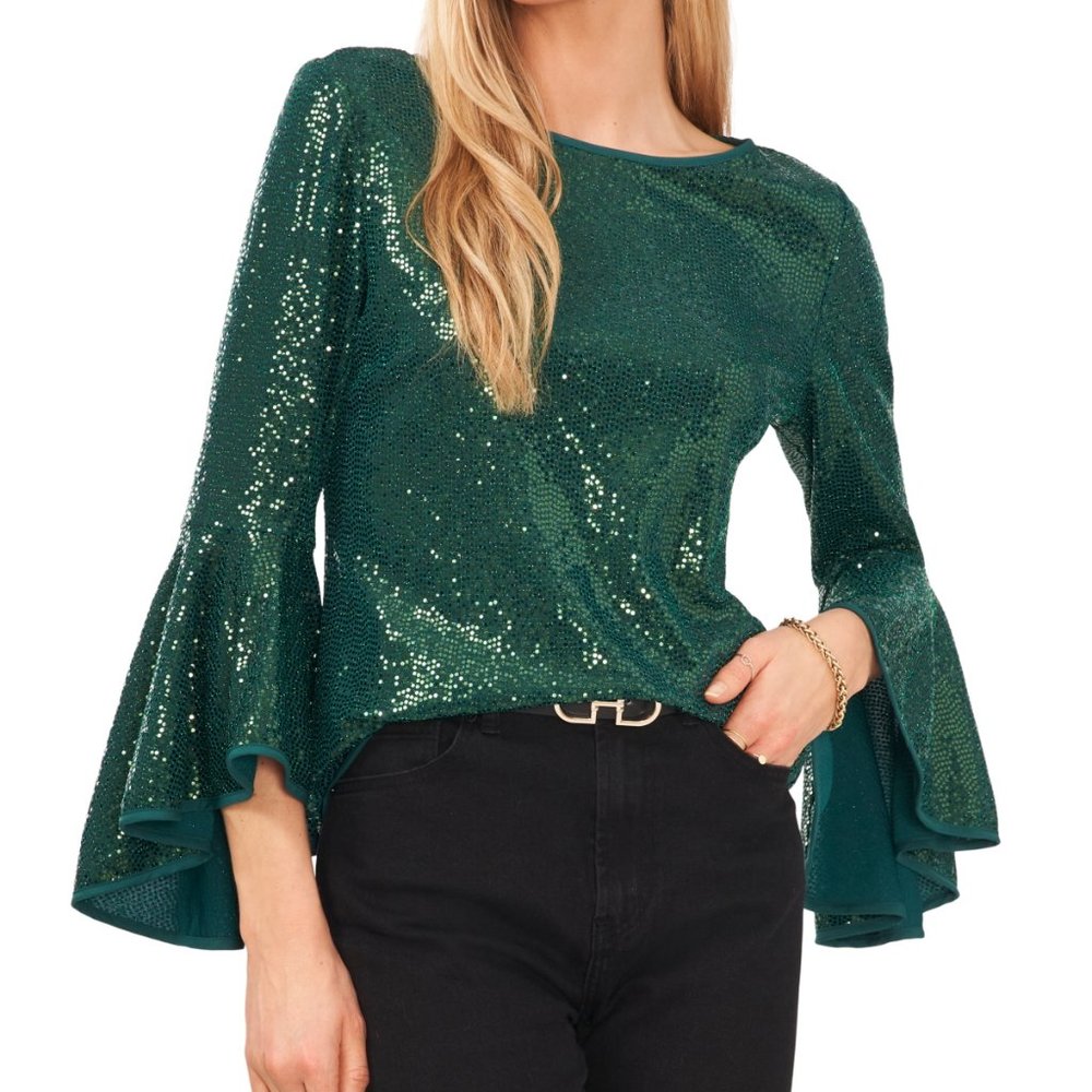 NWT Vince Camuto Flutter Sleeve Metallic Top is Emerald Green Size M